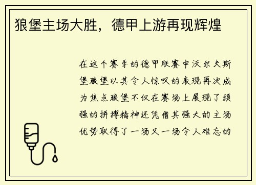 狼堡主场大胜，德甲上游再现辉煌