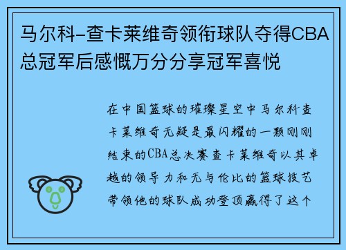 马尔科-查卡莱维奇领衔球队夺得CBA总冠军后感慨万分分享冠军喜悦